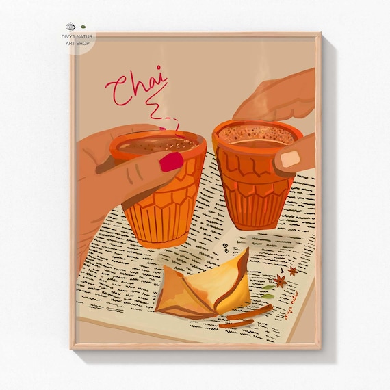 Warm Masala Chai Kulhad Cups and Samosa Indian Kitchen Art Print