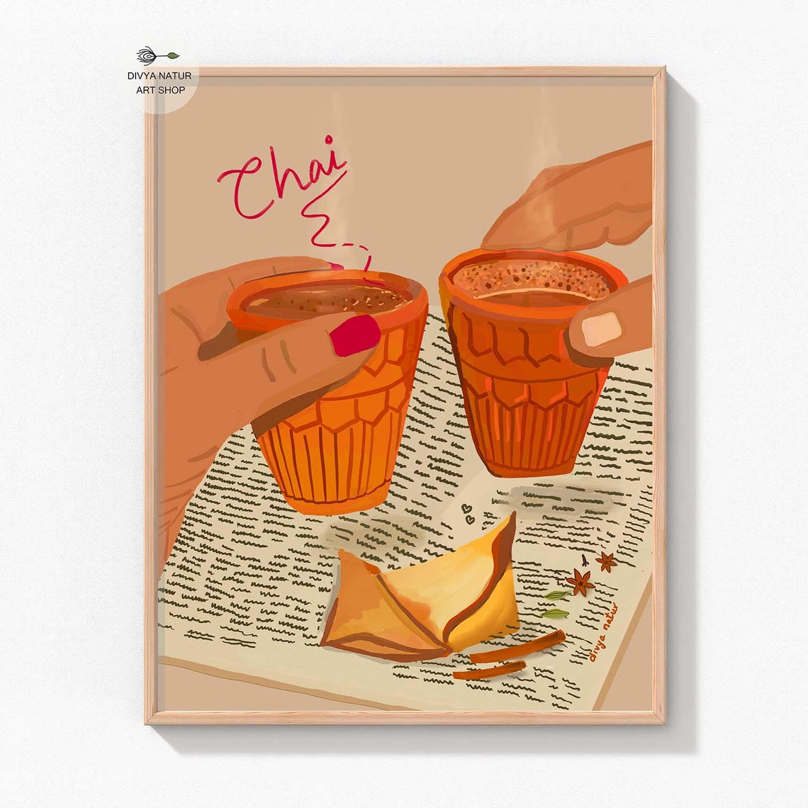 Warm Masala Chai Kulhad Cups and Samosa Indian Kitchen Art Print