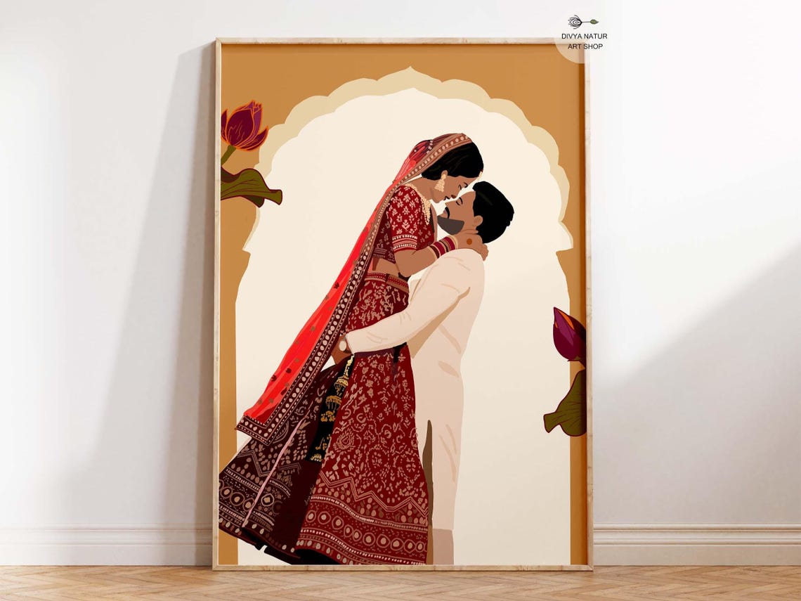 Indian Bride and Groom Embrace Red Lehenga Wedding Romance Poster