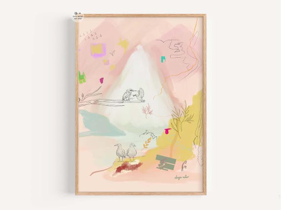 Pastel Mountain Landscape Art Print Abstract Bird Giclee Instant