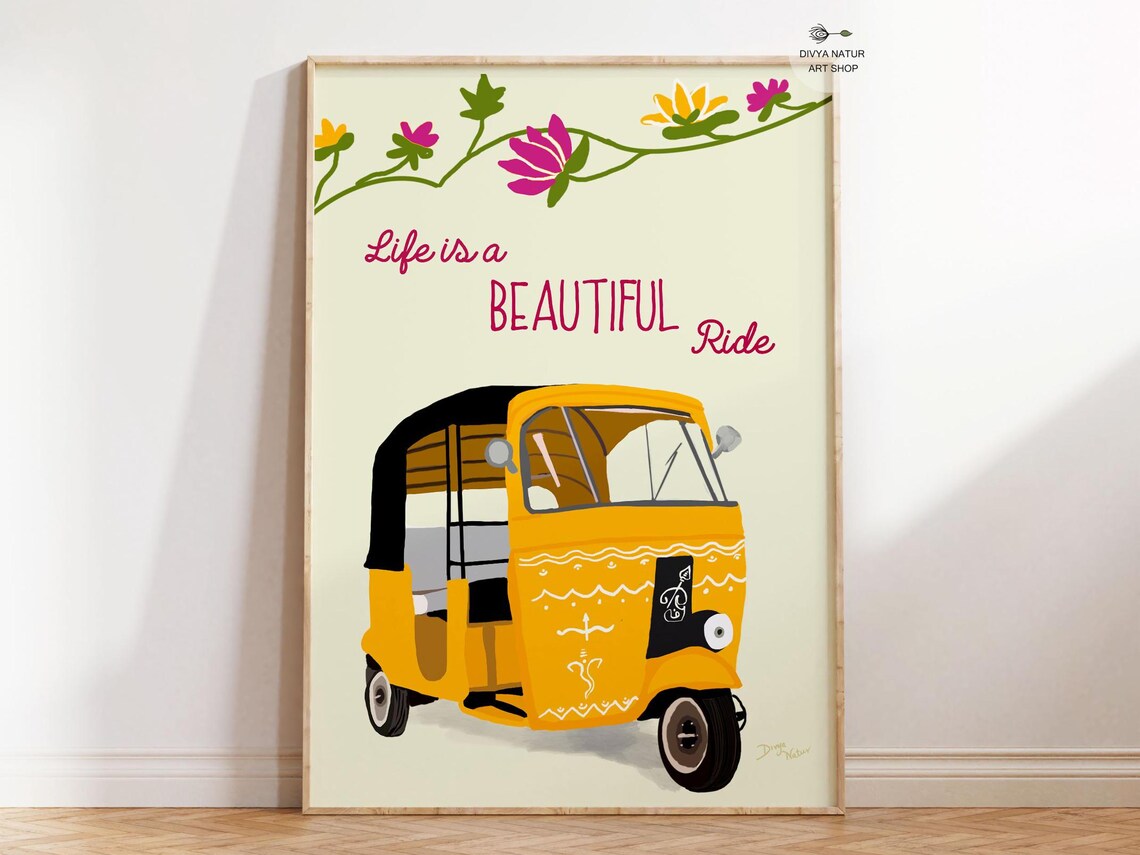 Yellow Auto Rickshaw Travel Poster, Street Scene