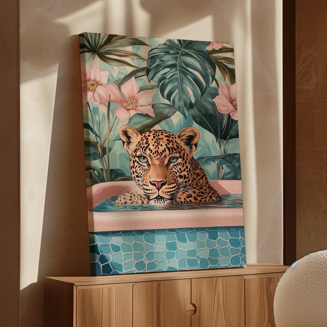 Leopard Bathing Tropical Pool Floral Jungle Whimsical Art Poster