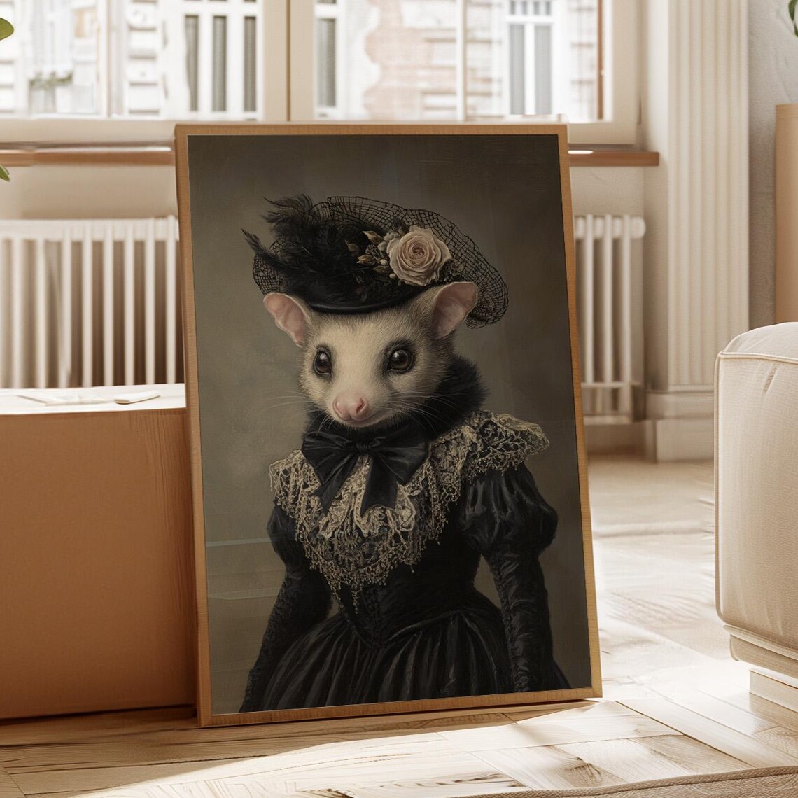 Victorian Possum In Black Lace Dress Feather And Rose Hat Portrait Poster