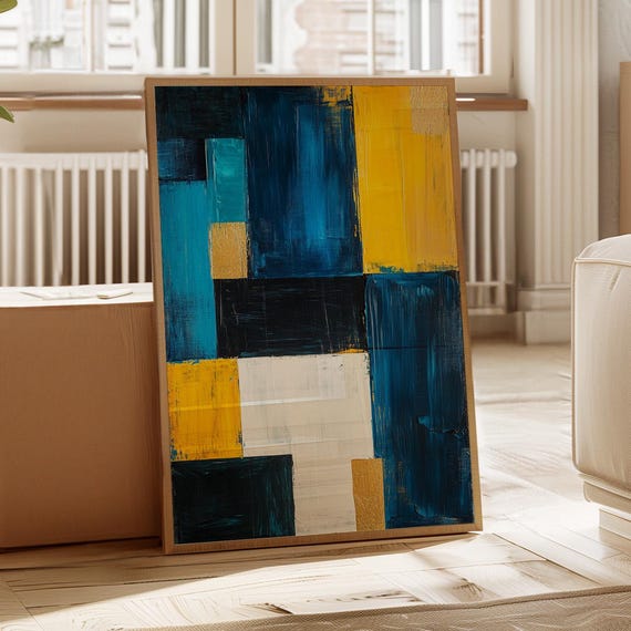 Blue And Yellow Geometric Abstract Canvas Wall Art Modern Color Block Painting With Bold Texture For Contemporary Home Decor