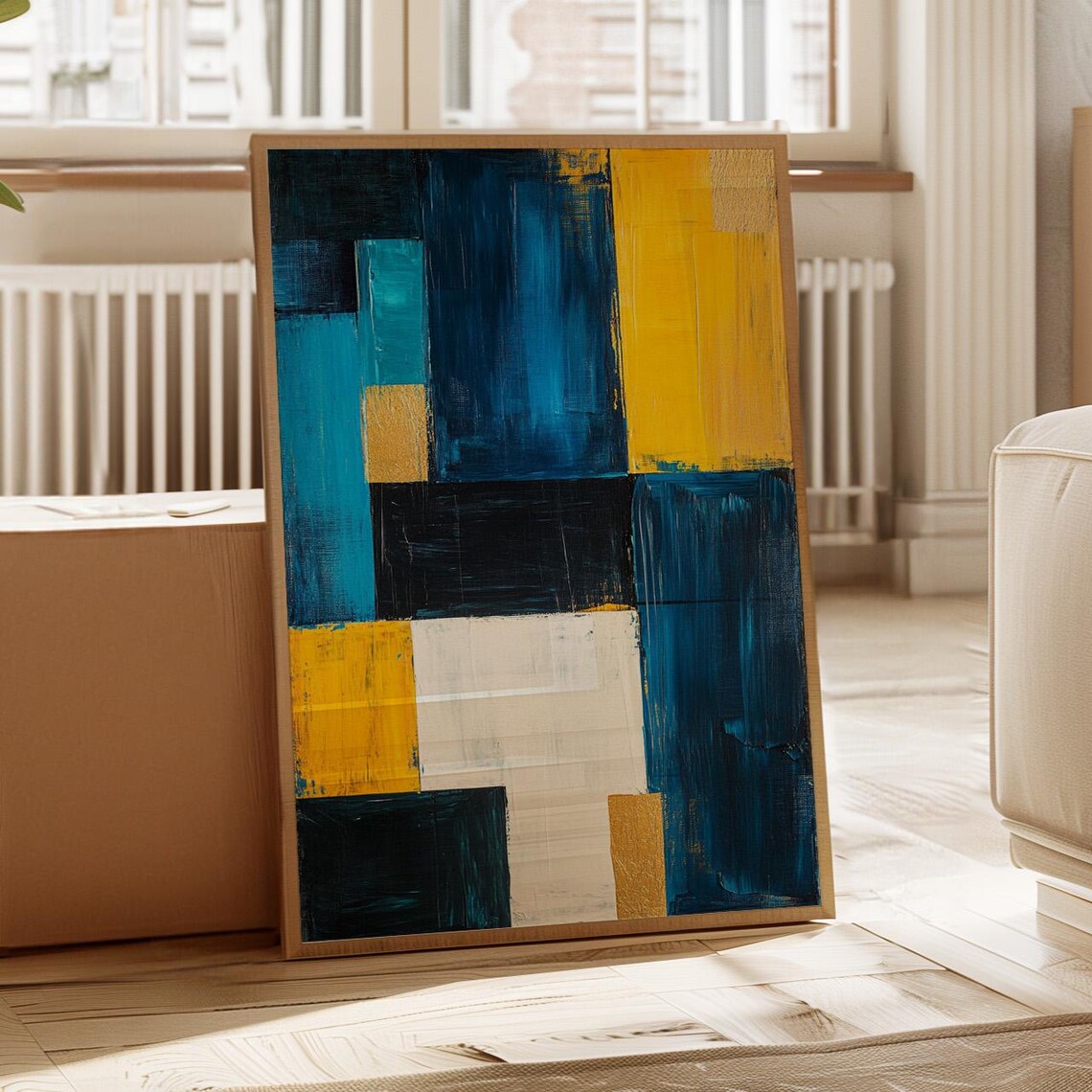 Blue and Yellow Geometric Abstract Modern Color Block Painting Poster