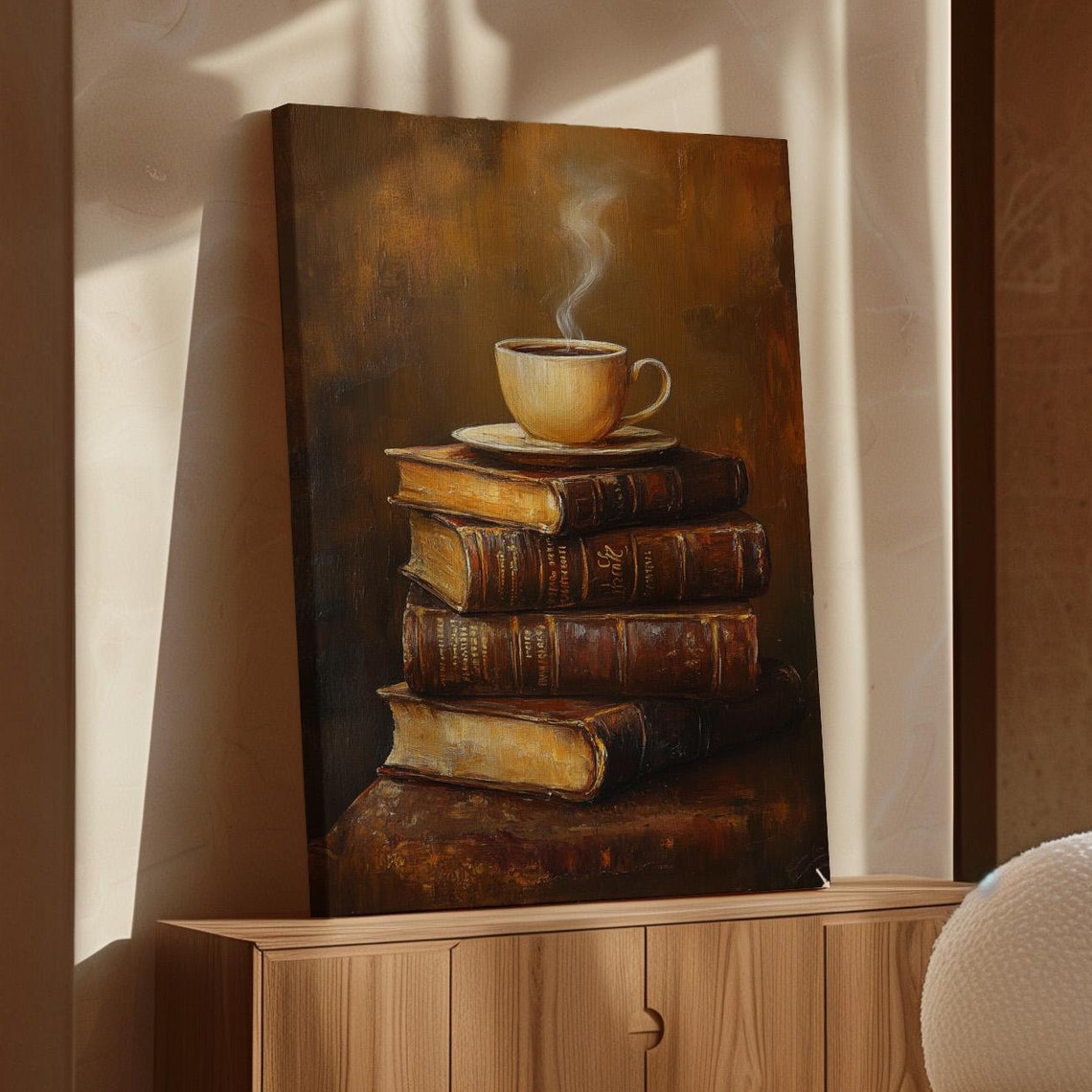 Cozy Coffee Cup On Vintage Books Warm Tones Rustic Still Life Poster
