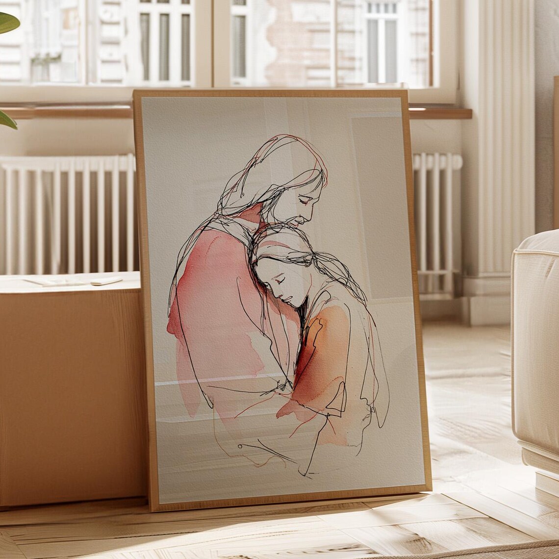 Mother And Daughter Embrace, Line Art