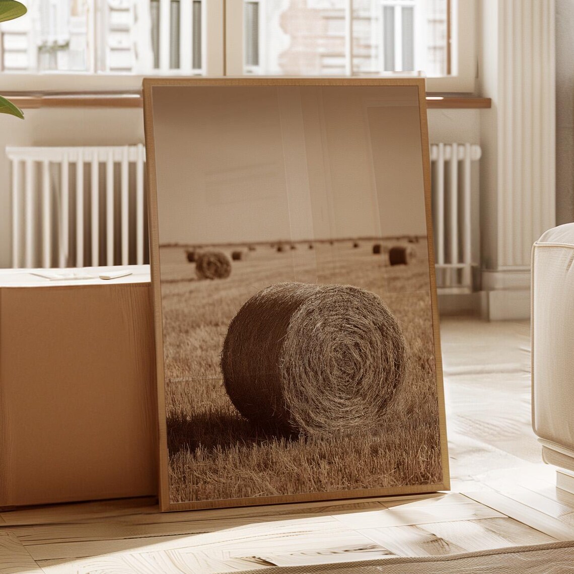 Sepia Round Hay Bale Harvest Field Rustic Country Photo Print