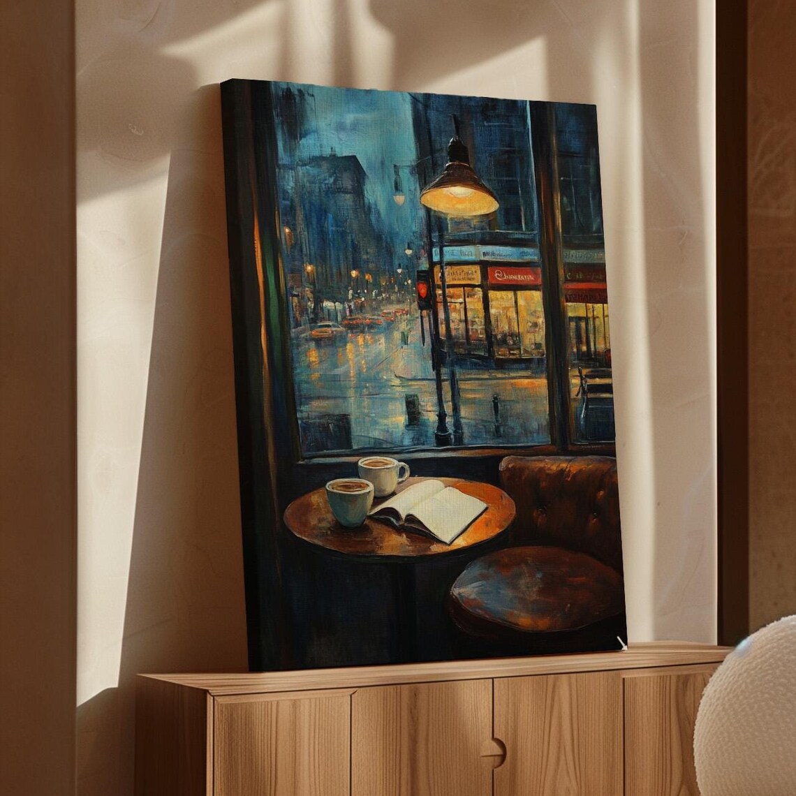 Rainy Night Café Scene Art Print, Urban Reflections