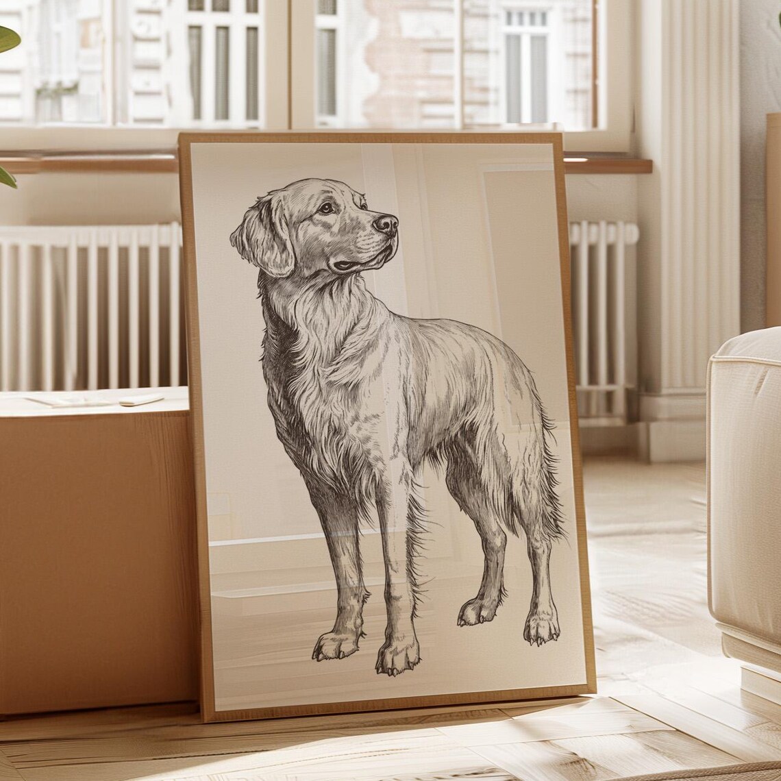 Golden Retriever Standing Classic Ink Sketch Dog Portrait Poster