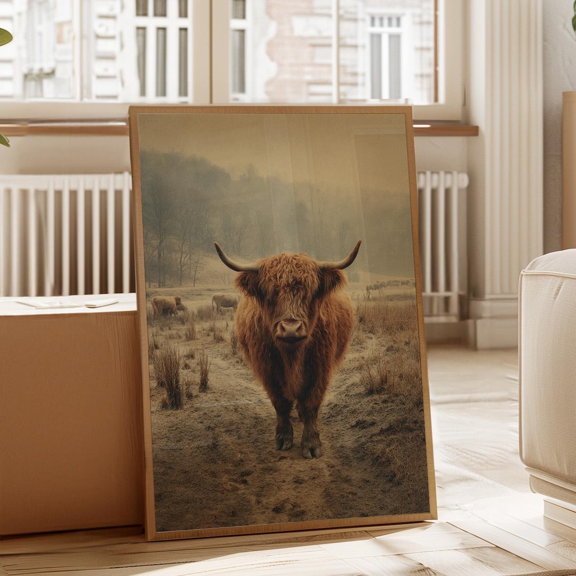 Highland Cow in Misty Meadow Shaggy Brown Cattle Photo Art Poster