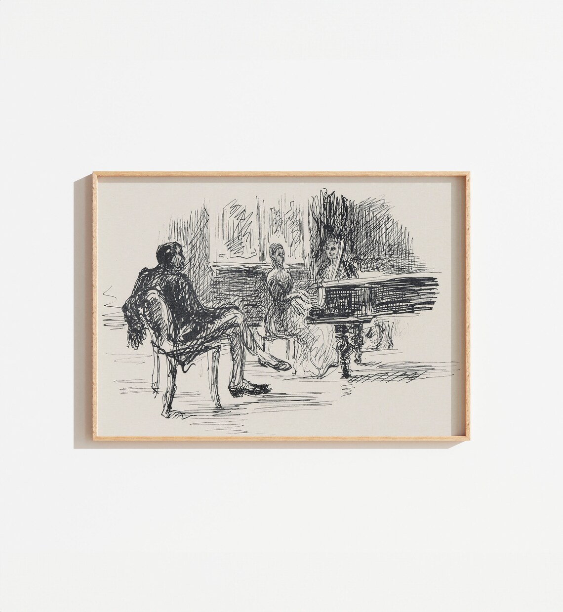 Vintage Piano Figure Drawing, Neutral Wall Art Print