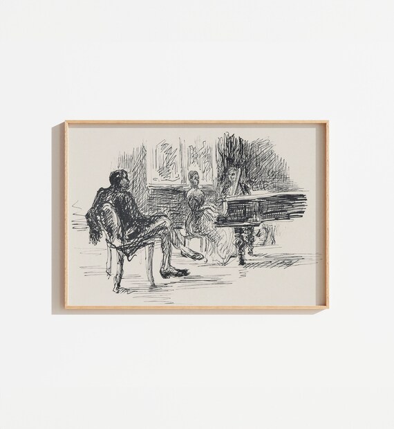 Vintage Piano Figure Drawing, Neutral Wall Art Print