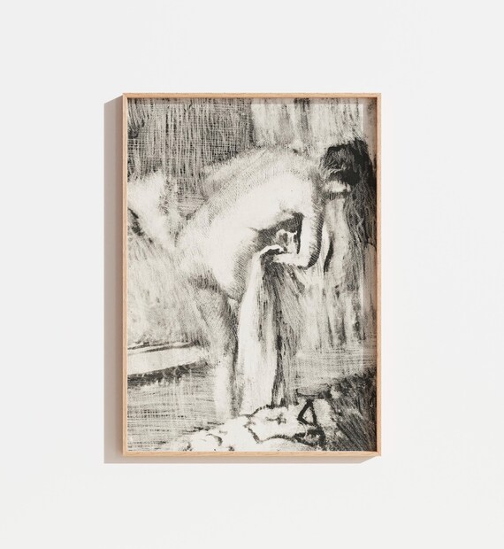 Black White Woman Bath Sketch Abstract Antique Charcoal Figure Drawing Art