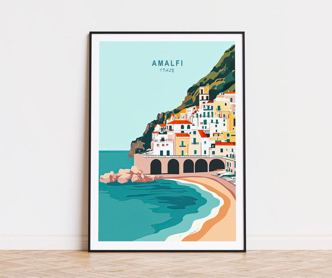 Amalfi Italy Beach Cove Stacked Houses Cliff Top Title Poster
