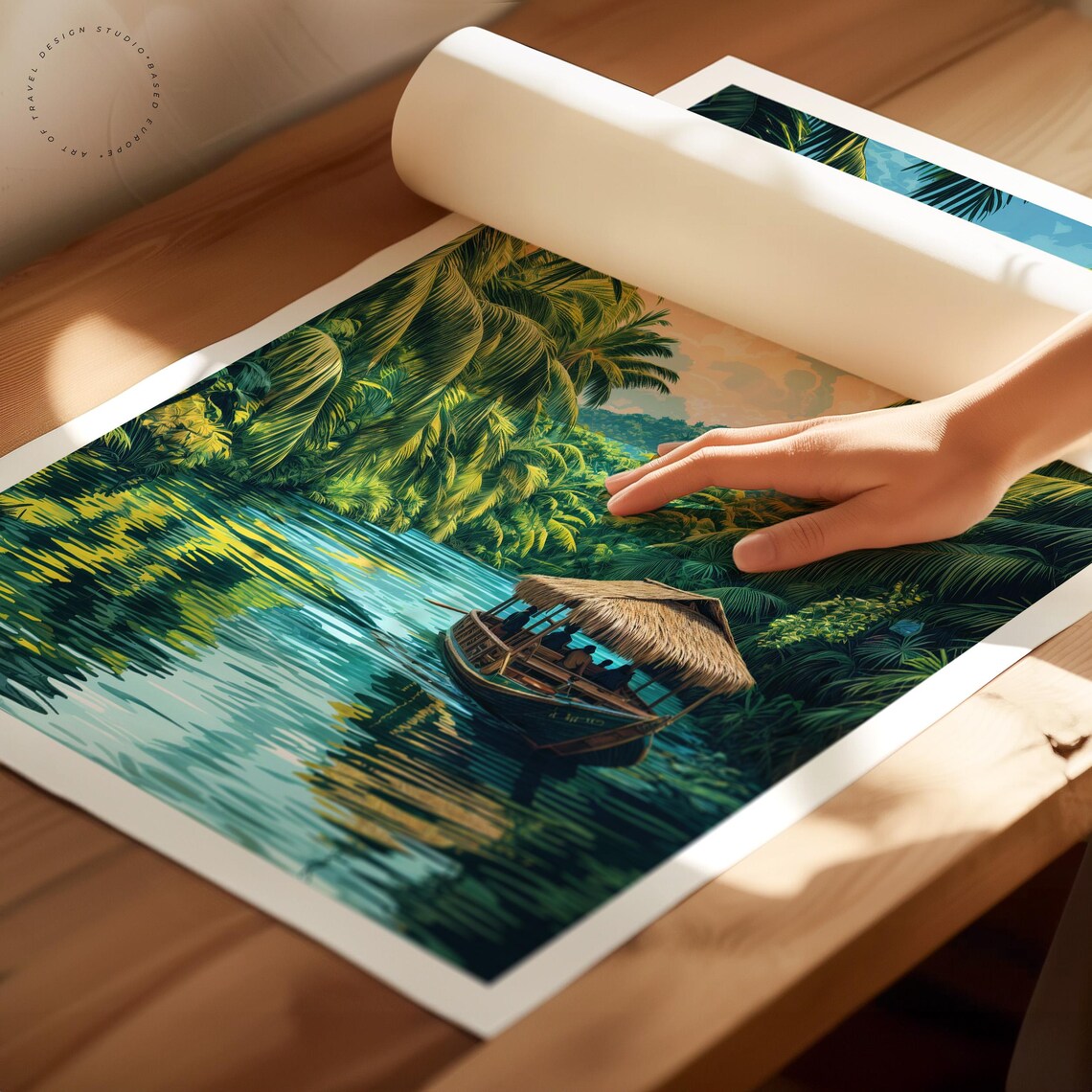 Bohol Philippines Tropical River Boat Palms Vintage Travel Art Poster - Image 2