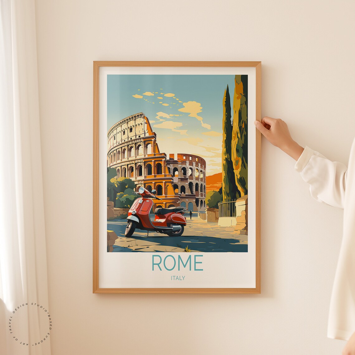 Rome Italy Colosseum Red Vespa Scooter Golden Sunset Street Poster - Image 2