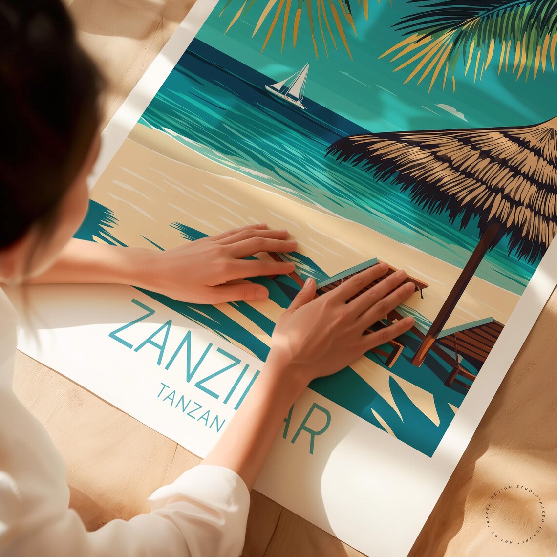 Zanzibar Tanzania Tropical Beach Palapa Sailboat Turquoise Sea Poster - Image 3
