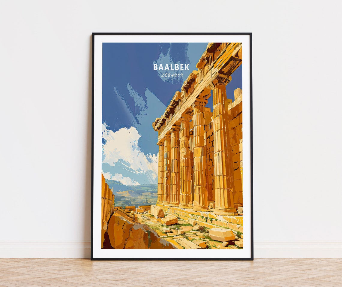 Baalbek Lebanon Ancient Roman Temple Columns Under a Blue Sky Poster