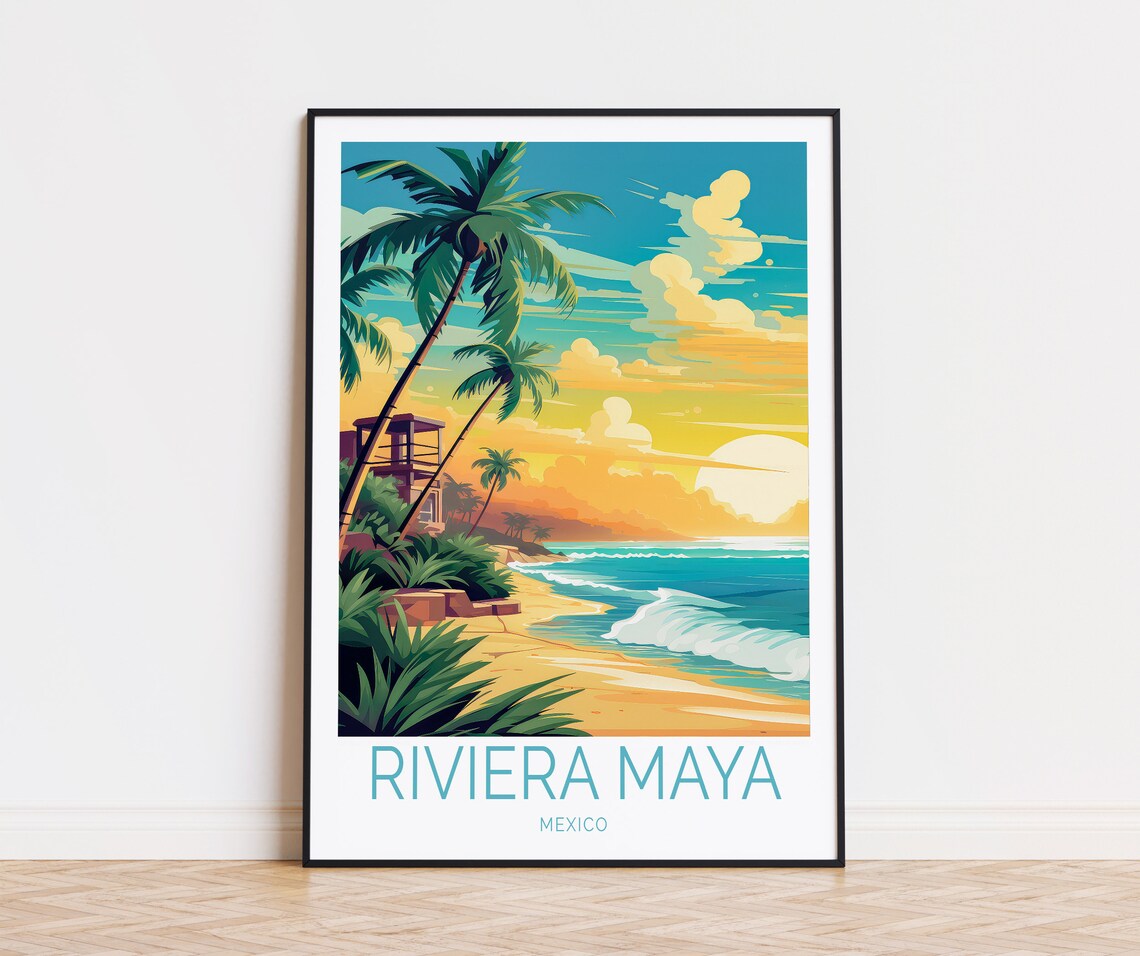 Riviera Maya Mexico Beach Sunset Palms Vintage Travel Poster