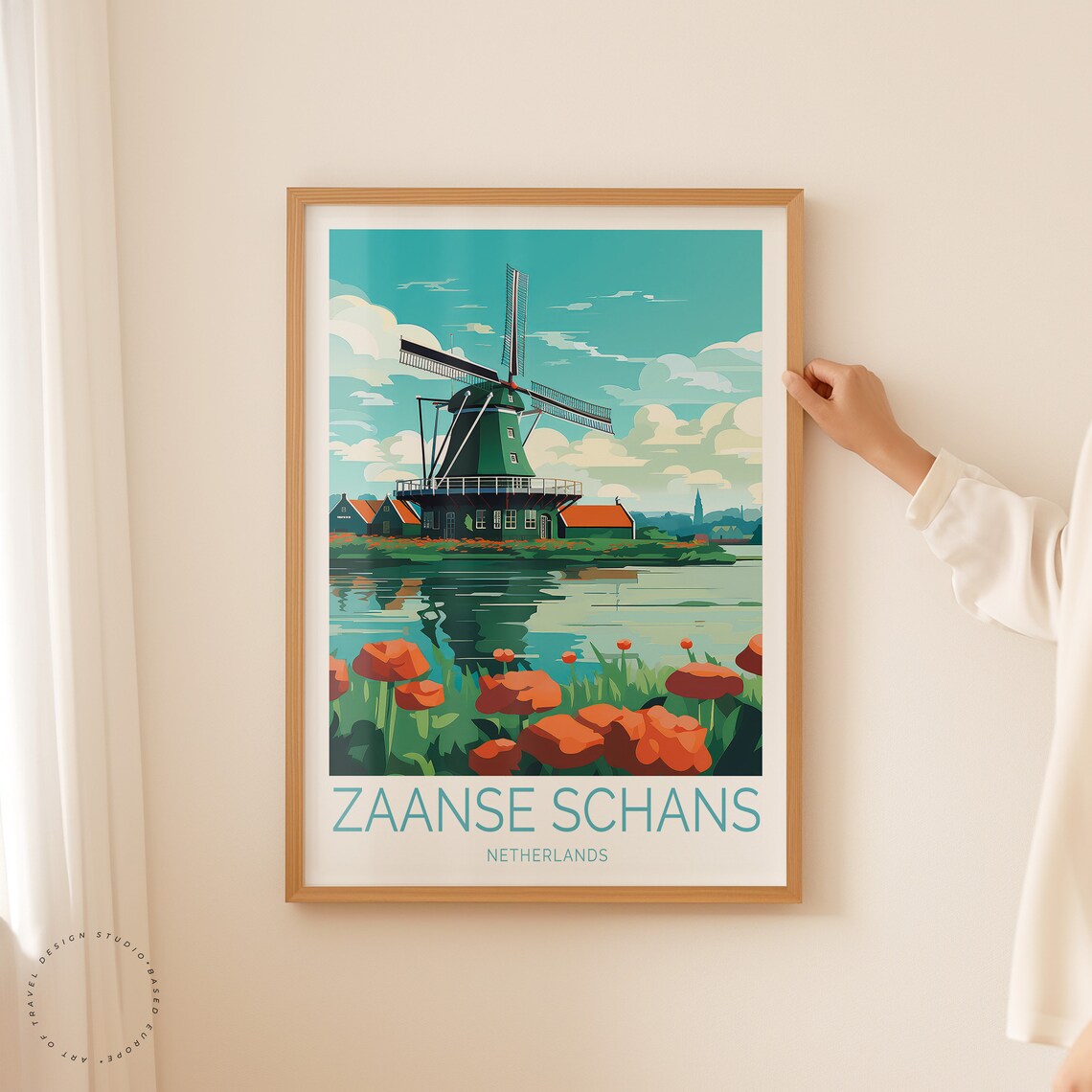 Zaanse Schans Netherlands Windmill Tulips Canal Travel Poster - Image 2