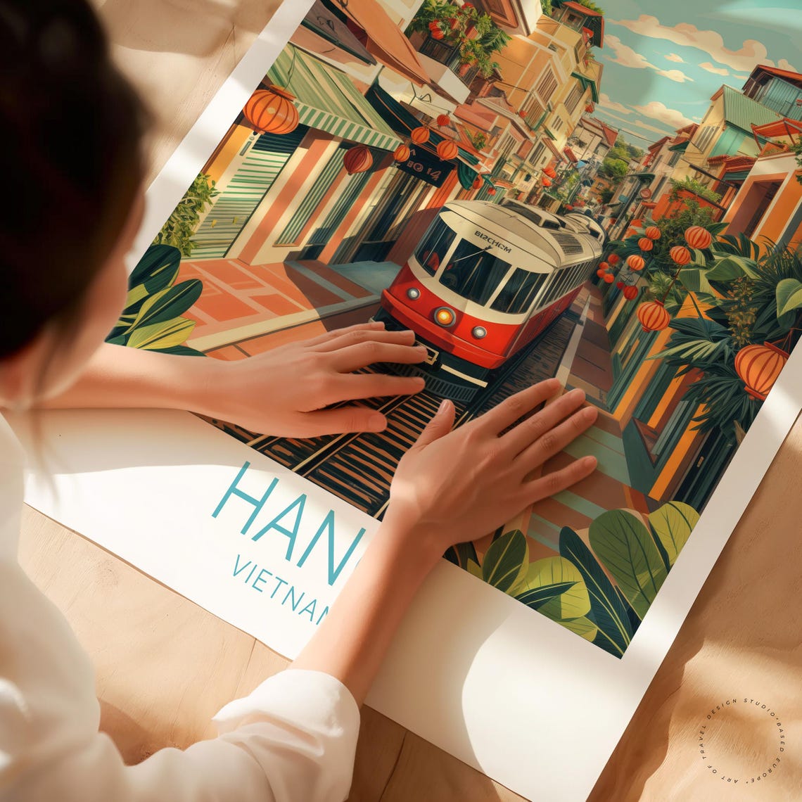 Hanoi Vietnam Train Street Red Tram Lanterns Old Town Travel Poster - Image 3