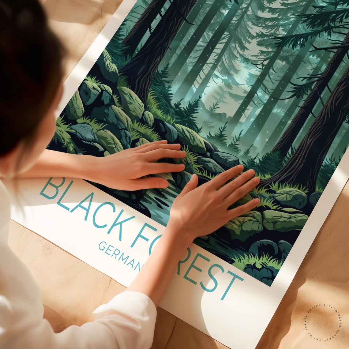 Black Forest Germany Mossy Rock Stream Misty Pine Forest Poster - Image 3