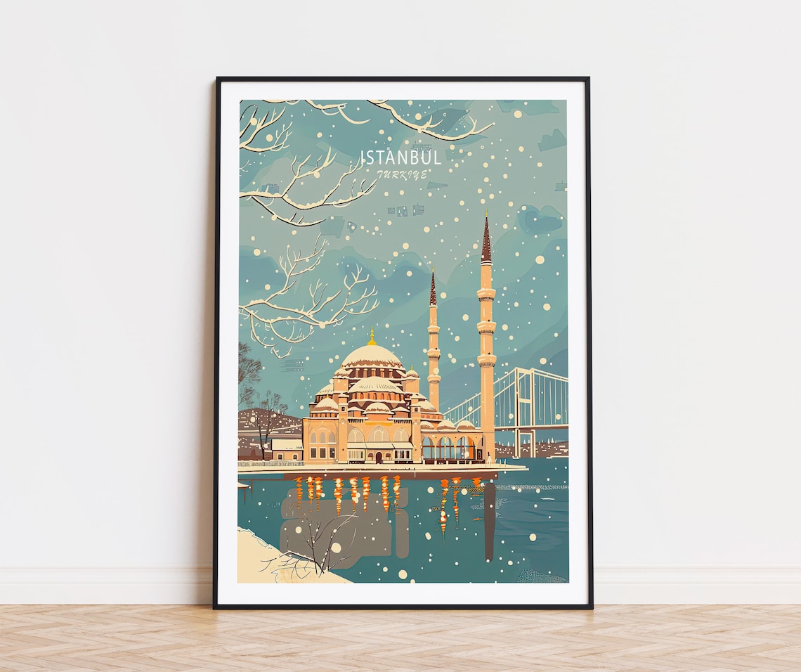 Istanbul Turkiye Snowy Winter Mosque Waterfront Travel Poster