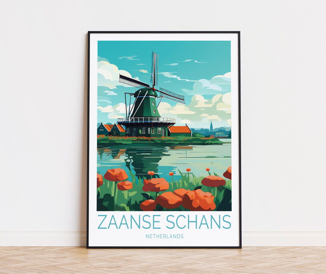 Zaanse Schans Netherlands Windmill Tulips Canal Travel Poster