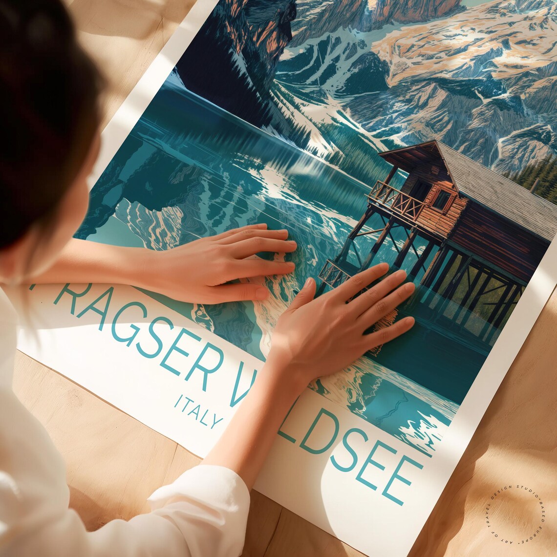 Pragser Wildsee Italy Mountain Lake Reflection Vintage Travel Poster - Image 3