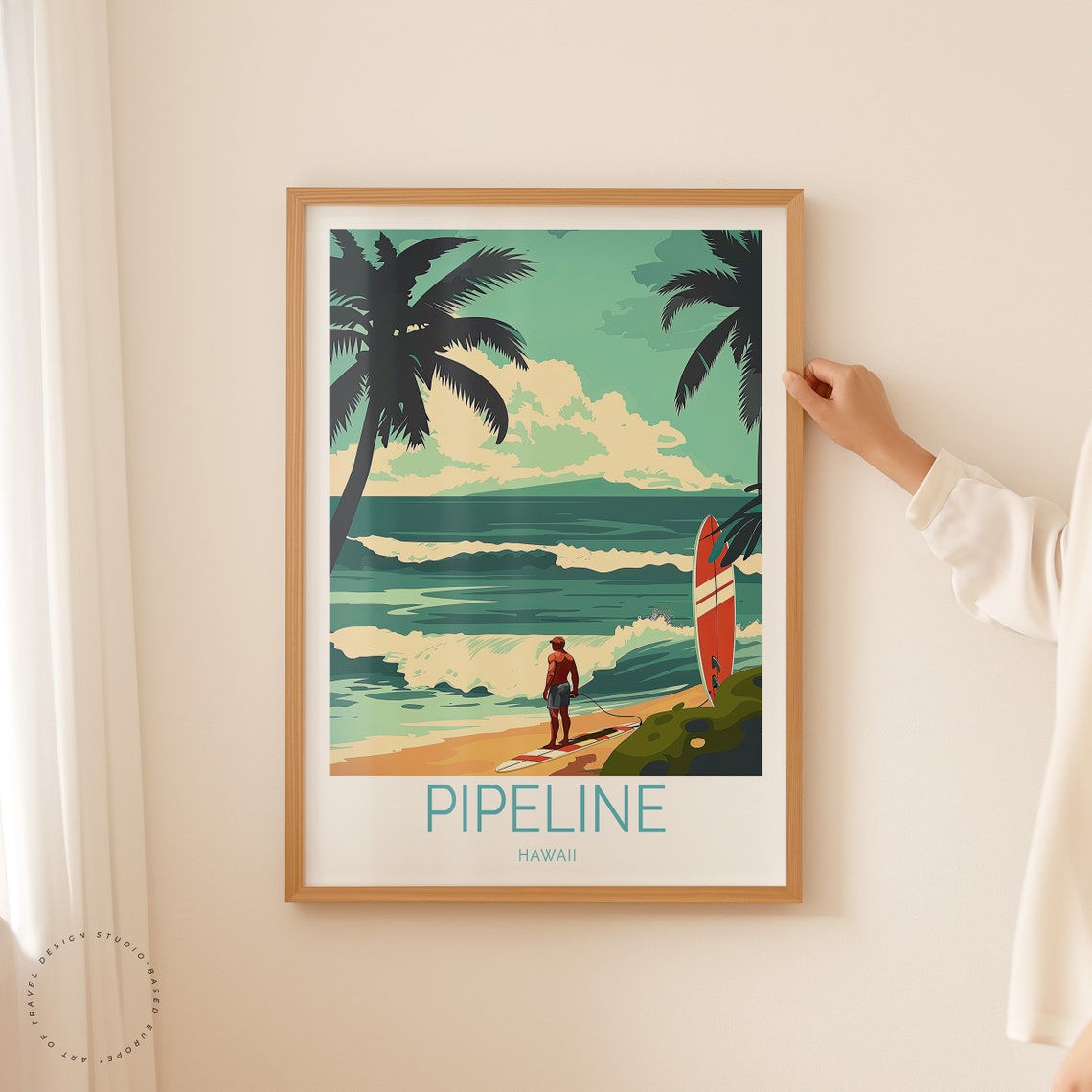 Pipeline Hawaii Beach Surfer Palms Teal Vintage Travel Poster - Image 2