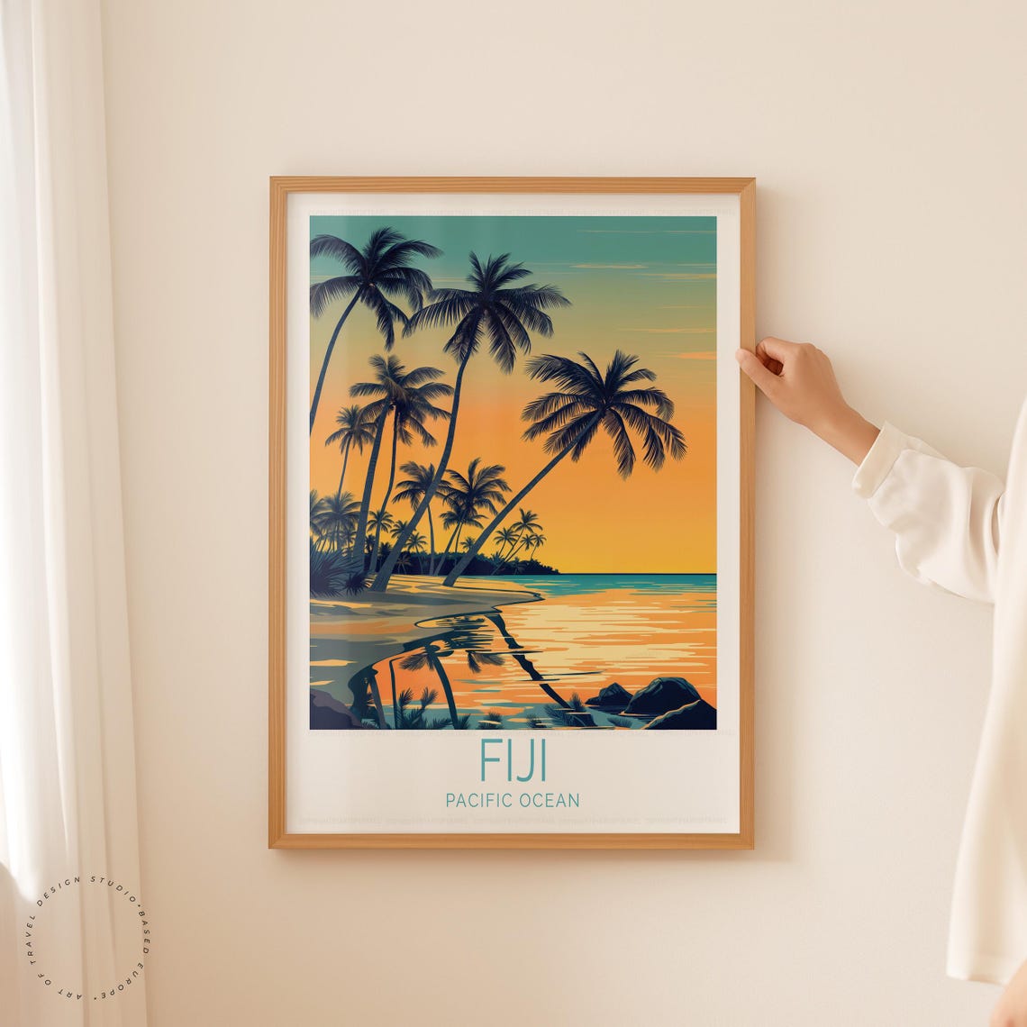 Fiji Pacific Ocean Palm Silhouettes Orange Sunset Lagoon Shore Poster - Image 5