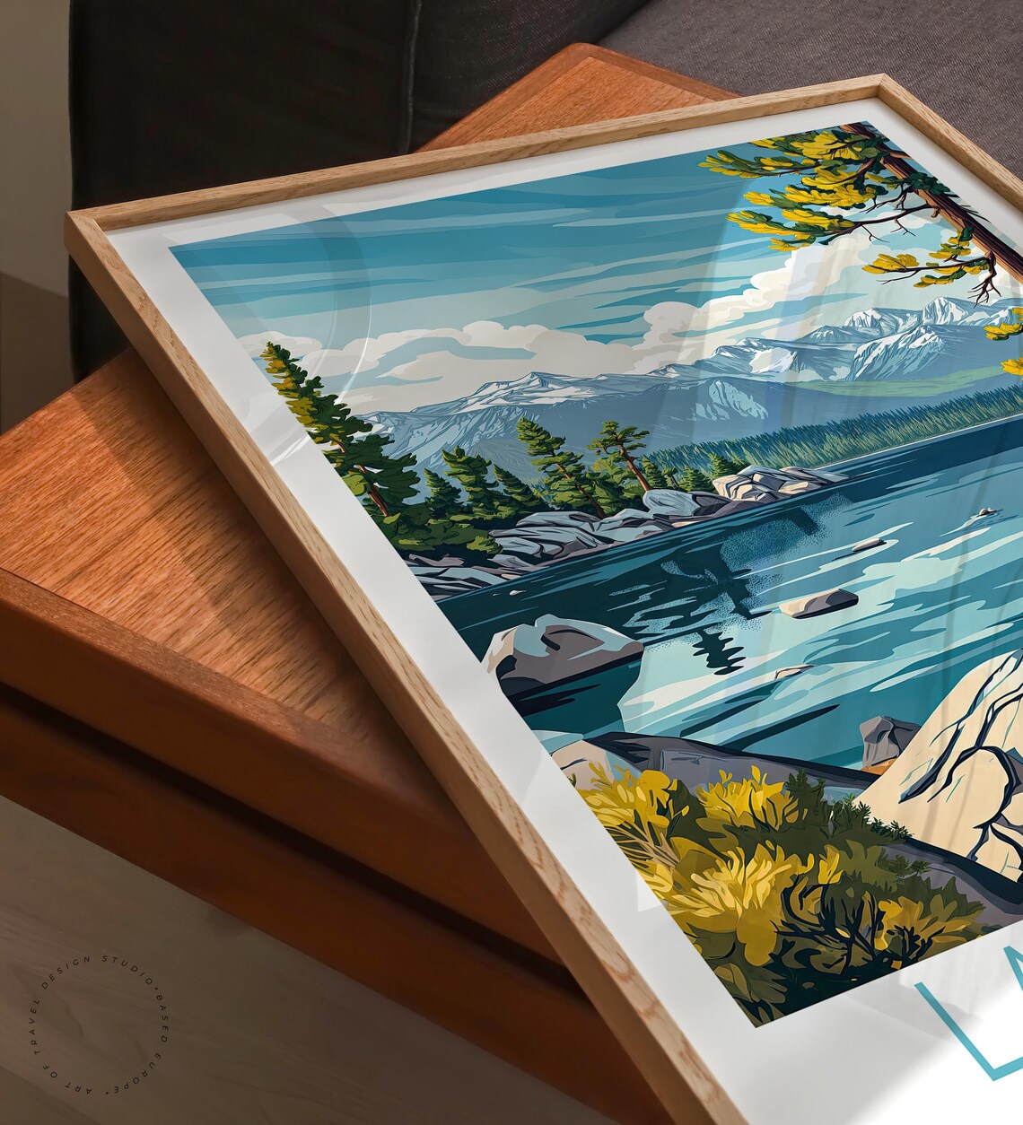 Lake Tahoe Rocky Shoreline Deep Blue Water Caption Below Poster - Image 3