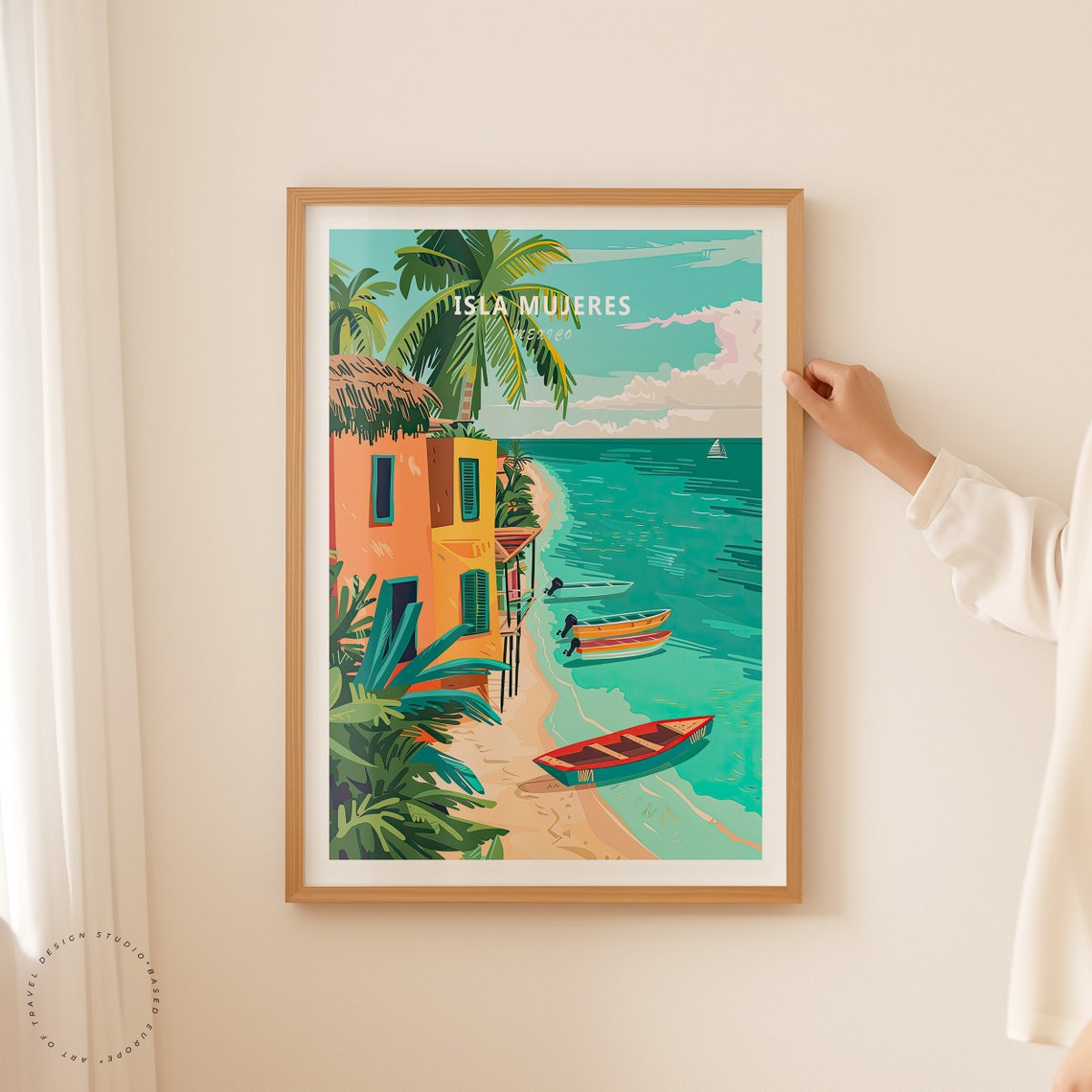 Isla Mujeres Mexico Colorful Shore with Boats and Palm Trees Poster - Image 2