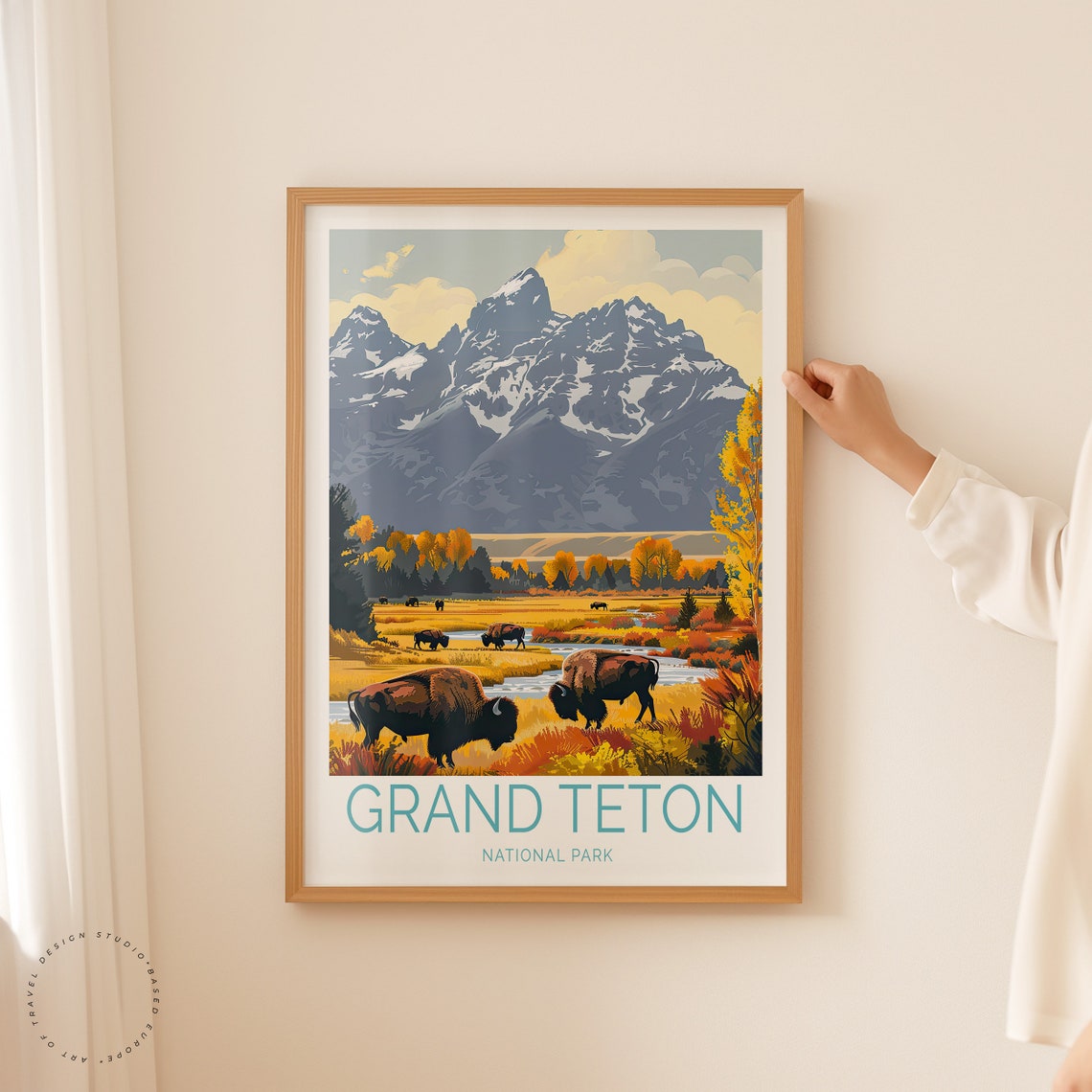 Grand Teton National Park Bison Autumn Valley Meadow Travel Poster - Image 2