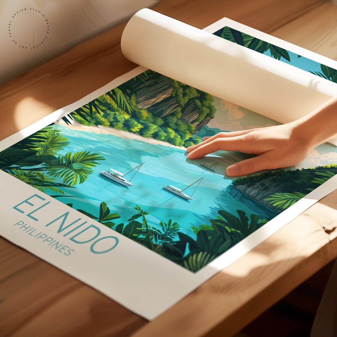 El Nido Philippines Tropical Bay Sailboats Vintage Travel Poster - Image 2