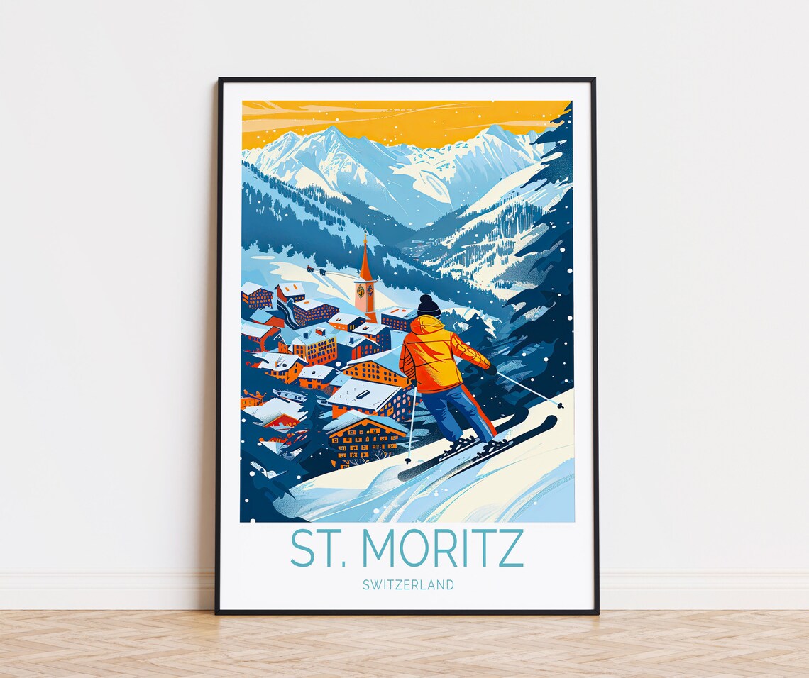 St Moritz Switzerland Skier Descending Toward Alpine Village Poster