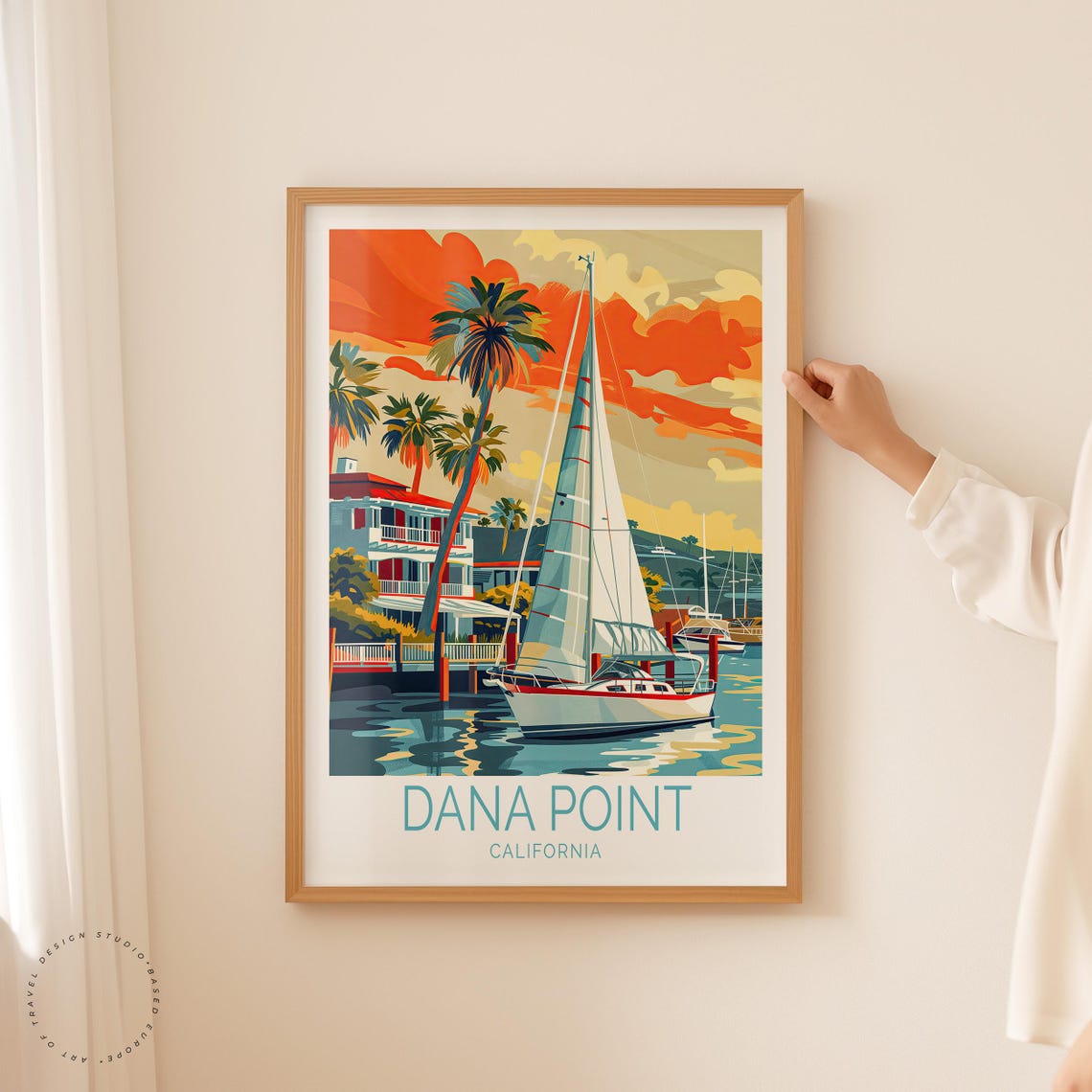 Dana Point Harbor Sailboat Sunset Palm Trees Coastline Poster - Image 2