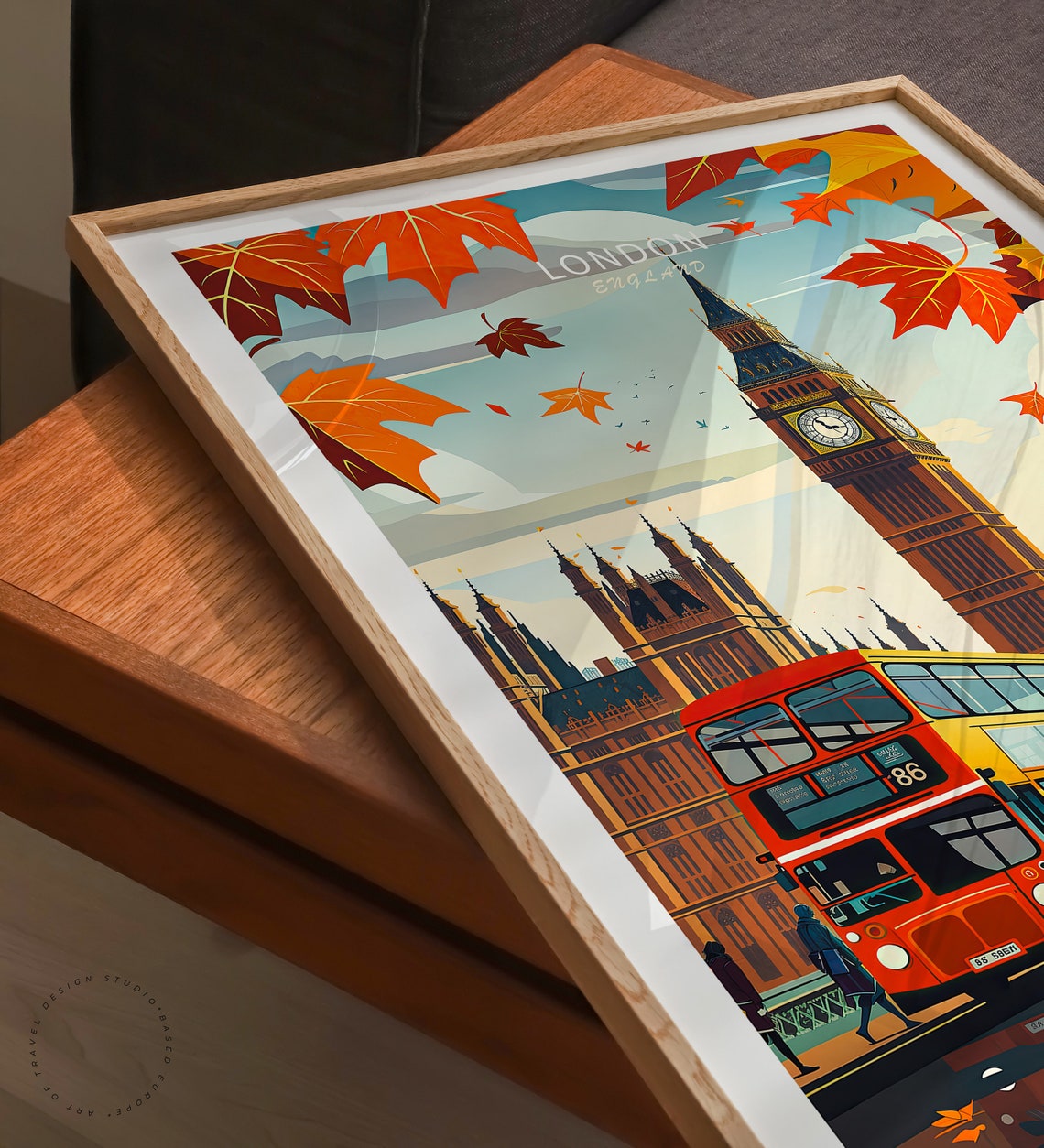 London Big Ben Red Double Decker Bus Autumn Leaves Travel Poster - Image 3