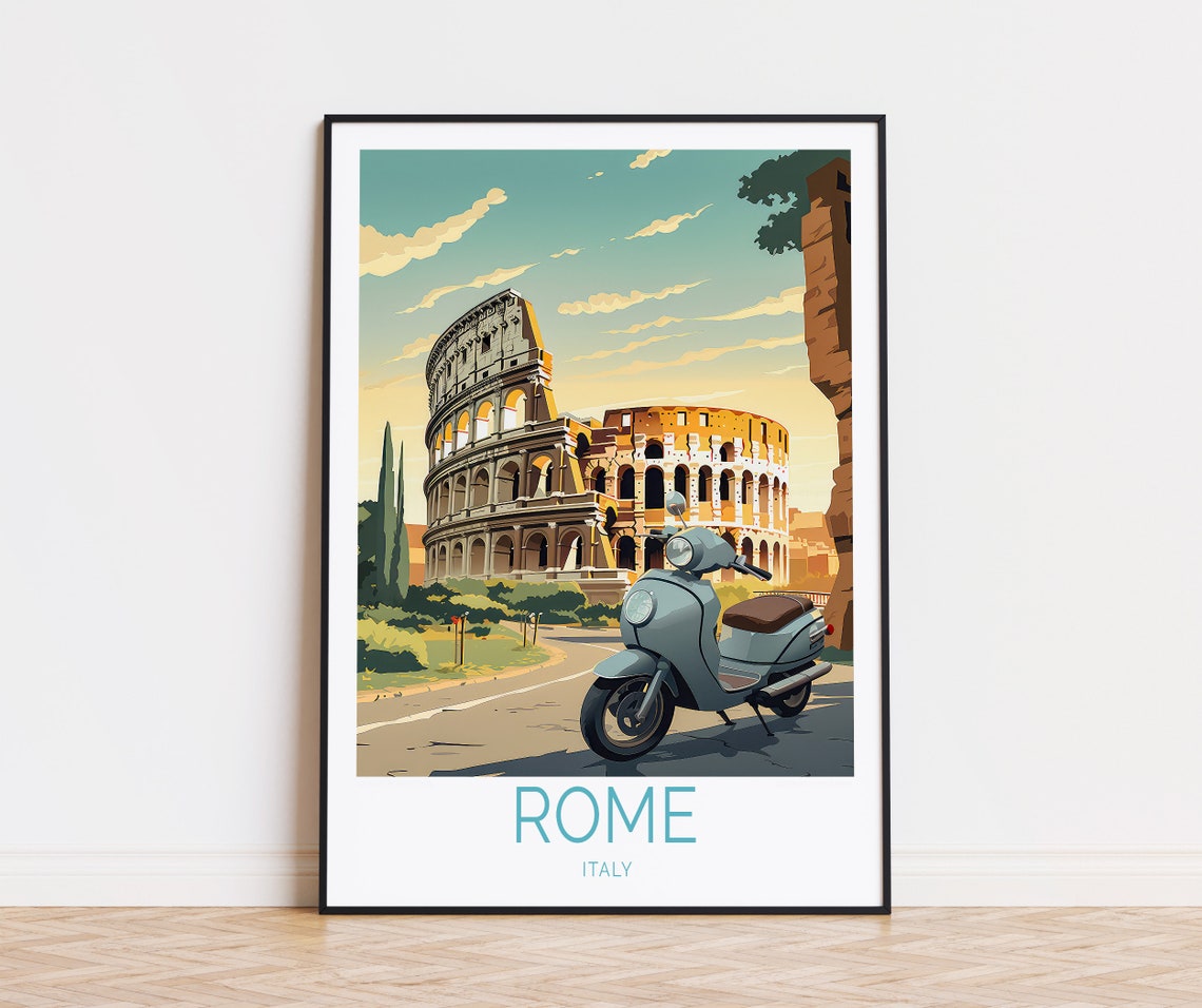 Rome Italy Colosseum with a Classic Blue Vespa Scooter in Front Poster