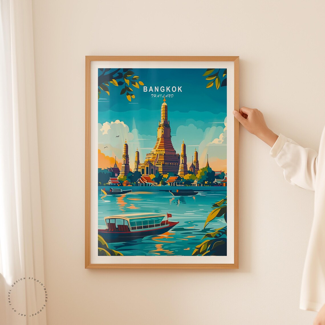 Bangkok Thailand Wat Arun Temple River Boat View Travel Poster - Image 2
