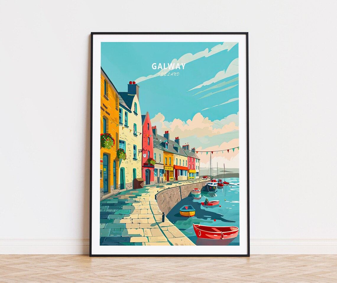 Galway Ireland Quayside Street Colorful Shops Boats Top Title Poster