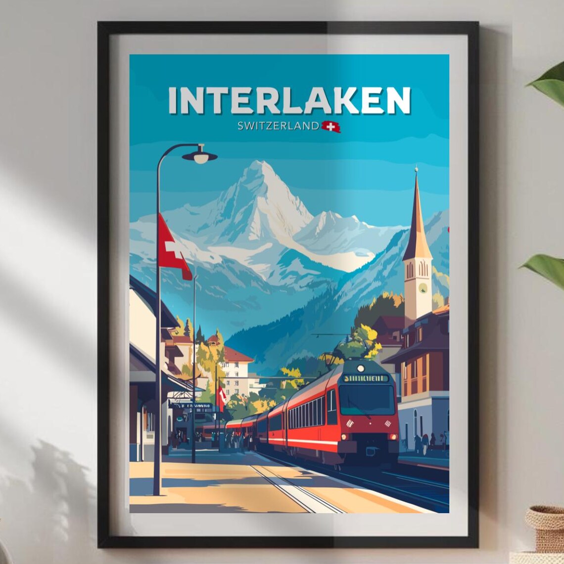 Interlaken Switzerland Red Train Alpine Peak Vintage Travel Poster