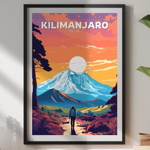 Kilimanjaro Travel Poster, Africa Volcano Art Print