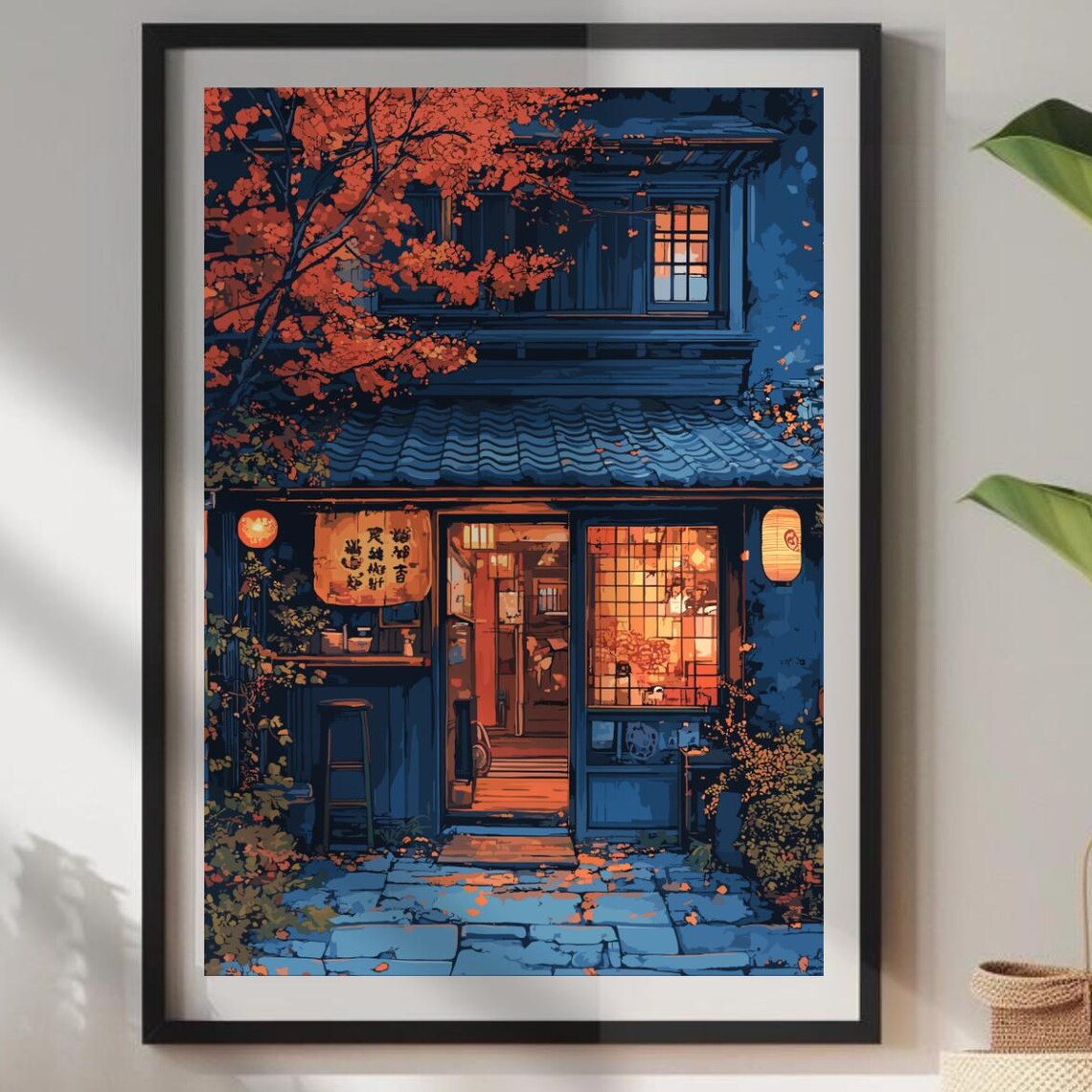 Blue Night Izakaya Open Front Warm Glow Japan Bar Art Poster