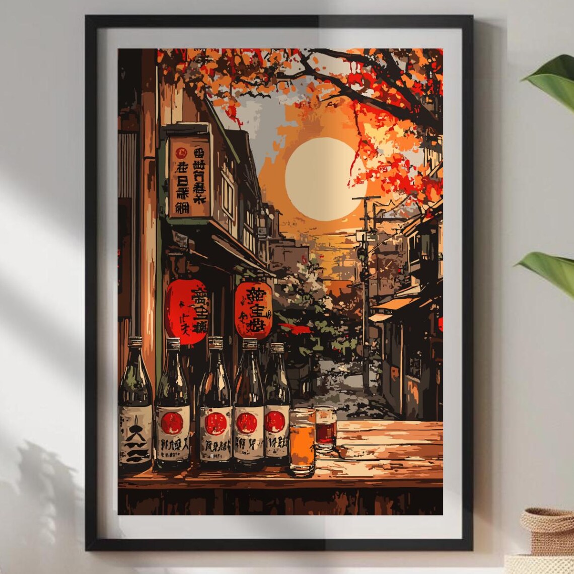 Japan Street Sunset Sake Bottles Red Lanterns Vintage Art Poster