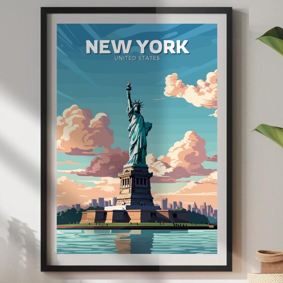 New York Statue Of Liberty Sunset Harbor Skyline Travel Poster