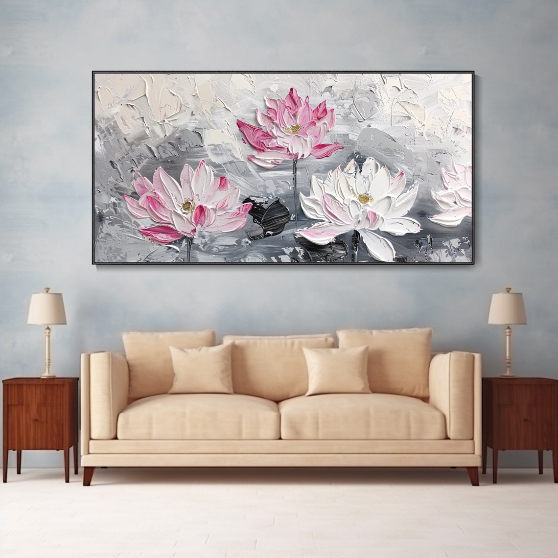 Pink White Lotus Flowers Gray Floral Texture Oil Painting Poster - Image 2