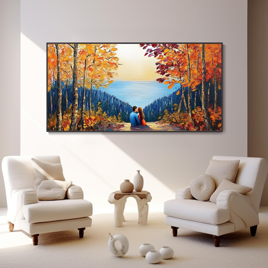 Romantic Couple Overlooking Lake Autumn Forest Painting Poster - Image 2