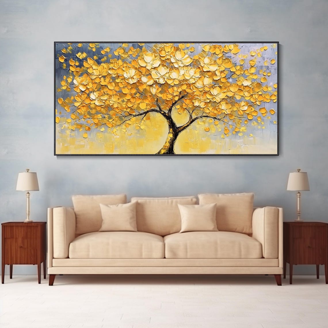 Golden Flower Tree Blossom Thick Texture Panoramic Oil Poster - Image 2